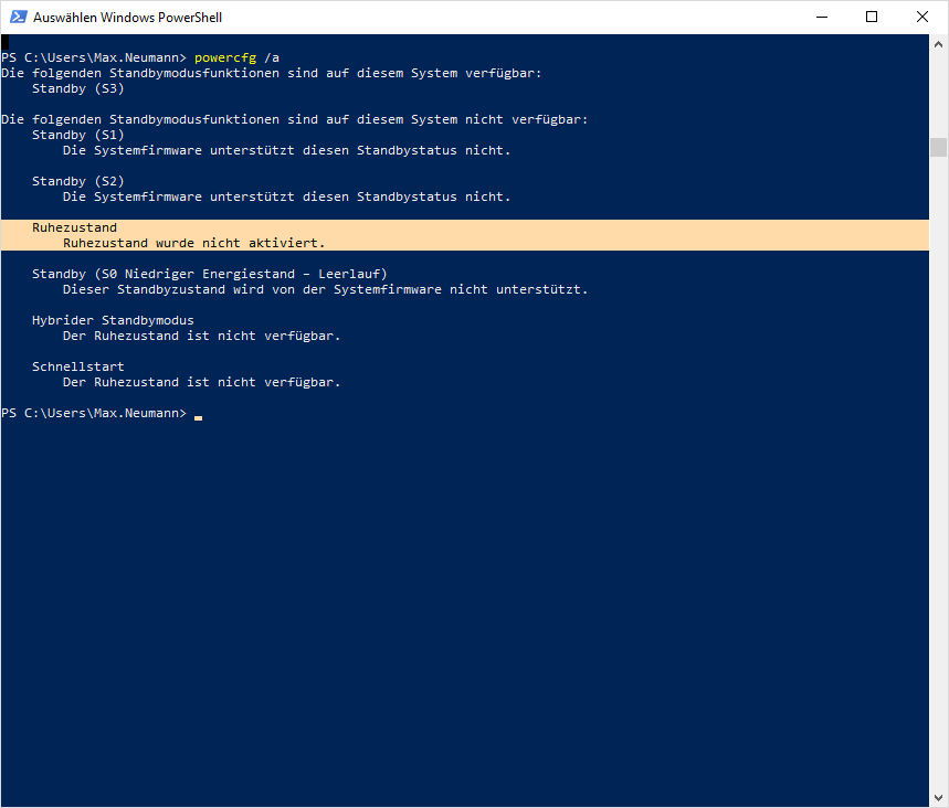 powercfg command zum zum erfragen des Hibernate Status