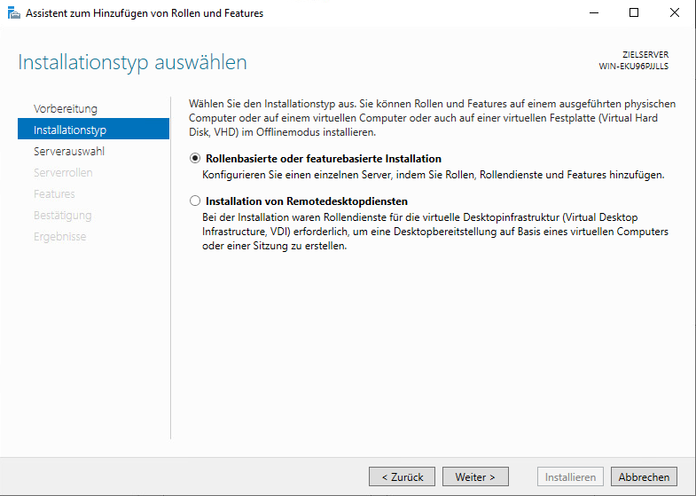 Instalationstyp für den Domain Controller auf einem Windows Server 2019 