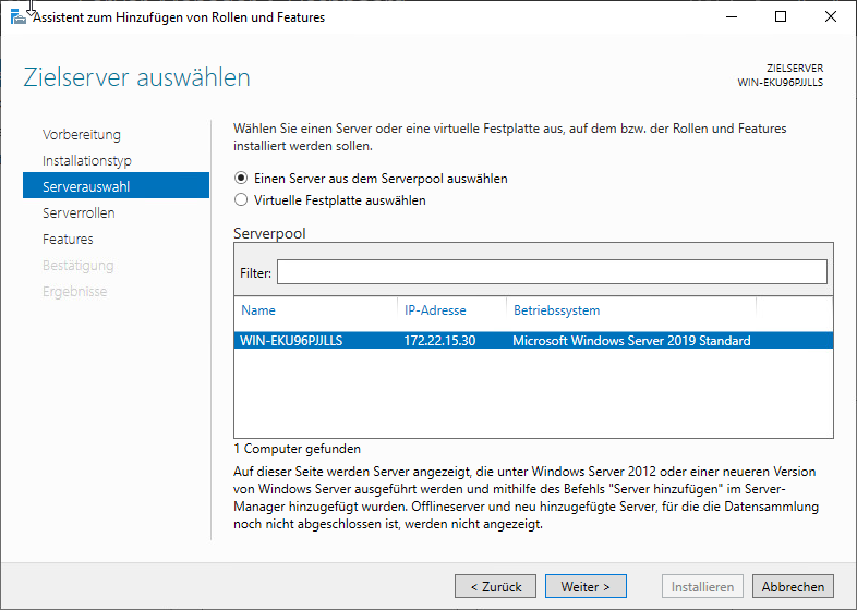 Zielserver für die Installation des Domain Controller auf einem Windows Server 2019 