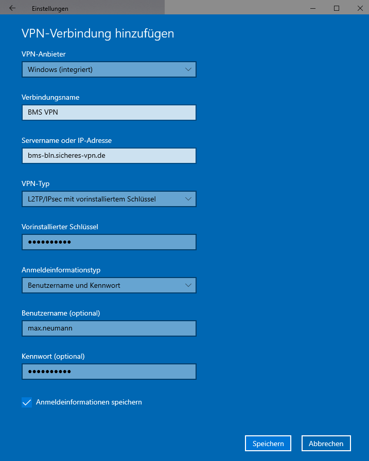 Schritt 4 zum Einrichte des Windows 10 IPsec L2TP VPN Client