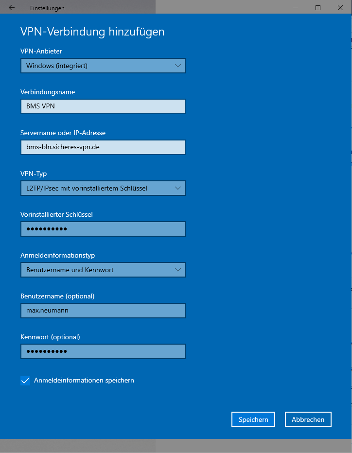 Schritt 4 zum Einrichte des Windows 10 IPsec L2TP VPN Client